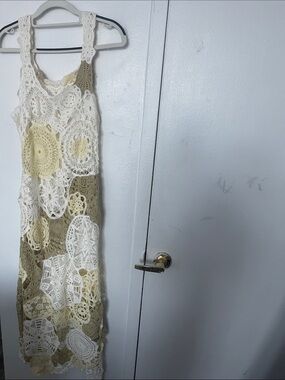 Crochet Patchwork Maxi Dress in Cream and Olive